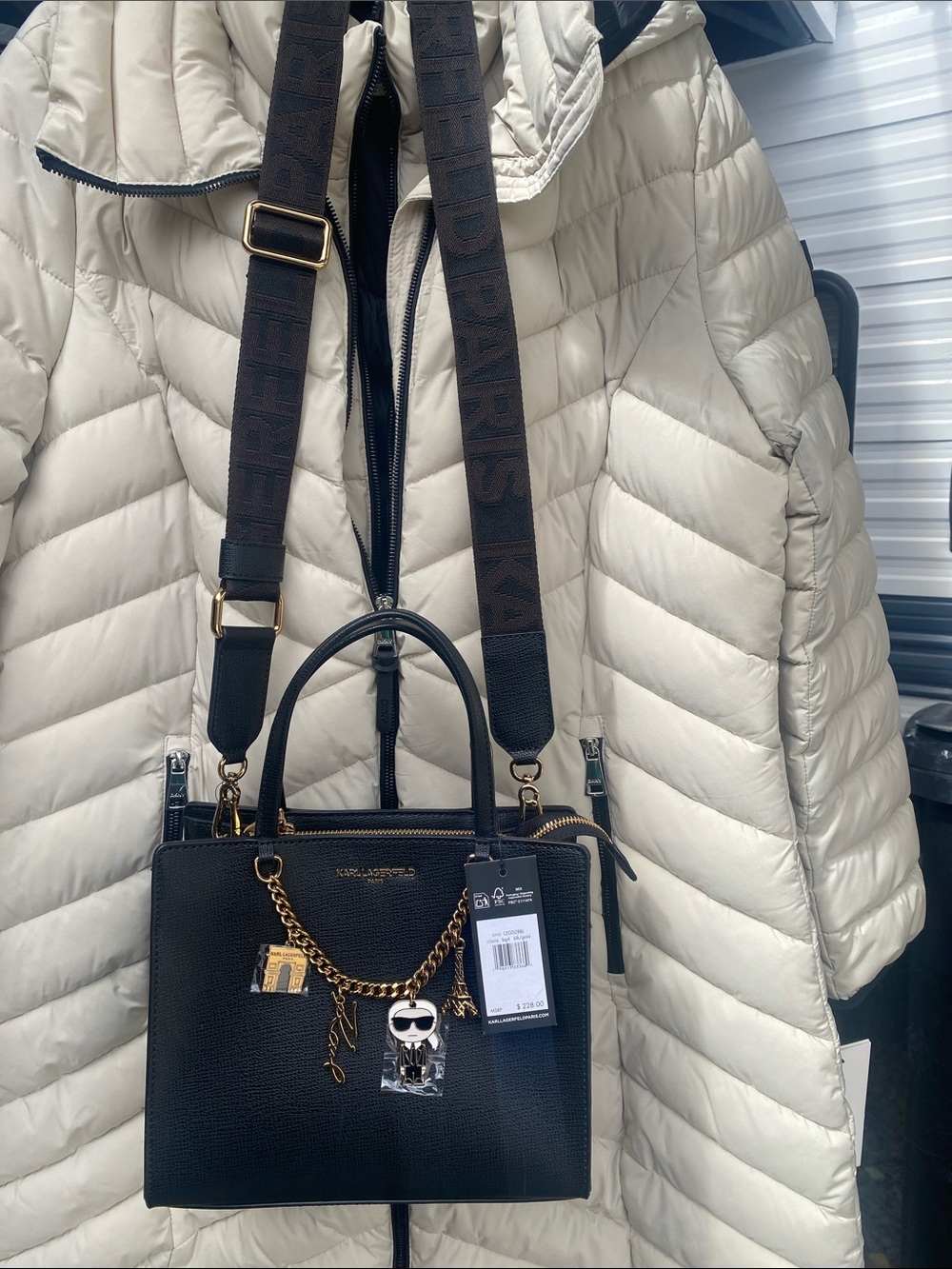 Karl Lagerfeld Black Pebbled Leather Crossbody with Gold Chain Charms